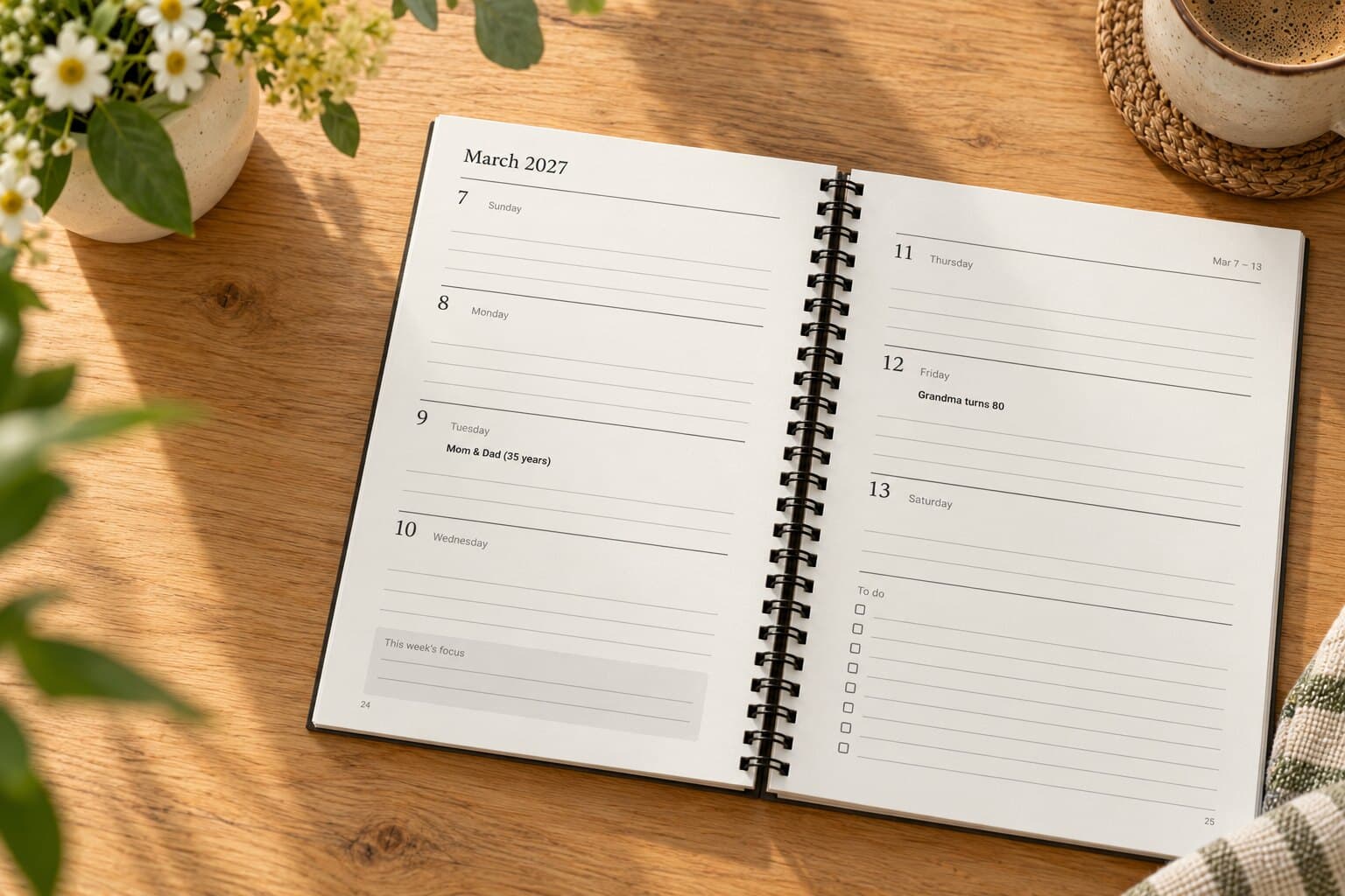 A Days Marked weekly planner lying open on a kitchen table at a week in March, with “Grandma turns 80” printed on Friday the 12th