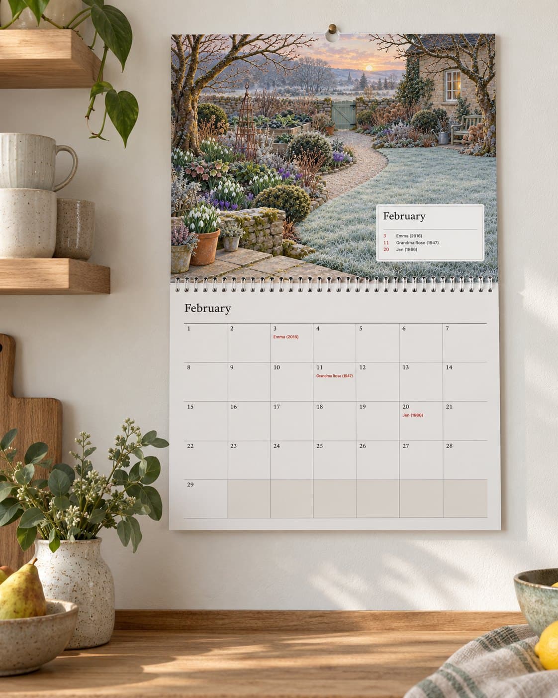 The perpetual birthday calendar in a kitchen, each birthday on its day with the year of birth
