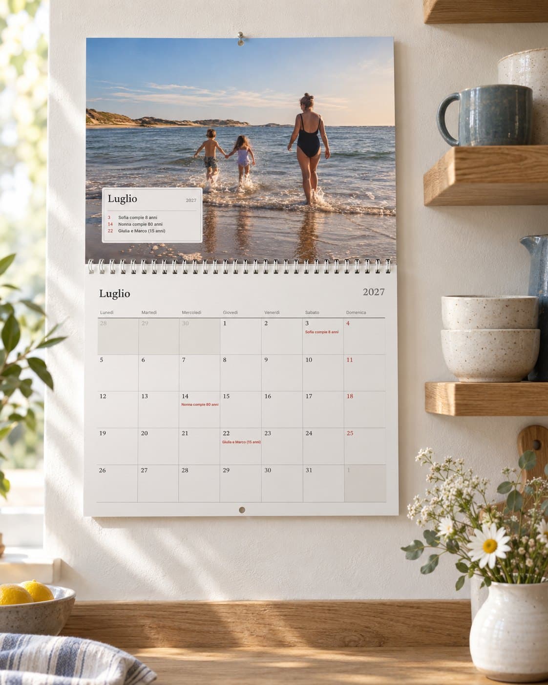 Un calendario con foto aperto su luglio in una cucina luminosa: la foto al mare della famiglia sopra il mese con i compleanni
