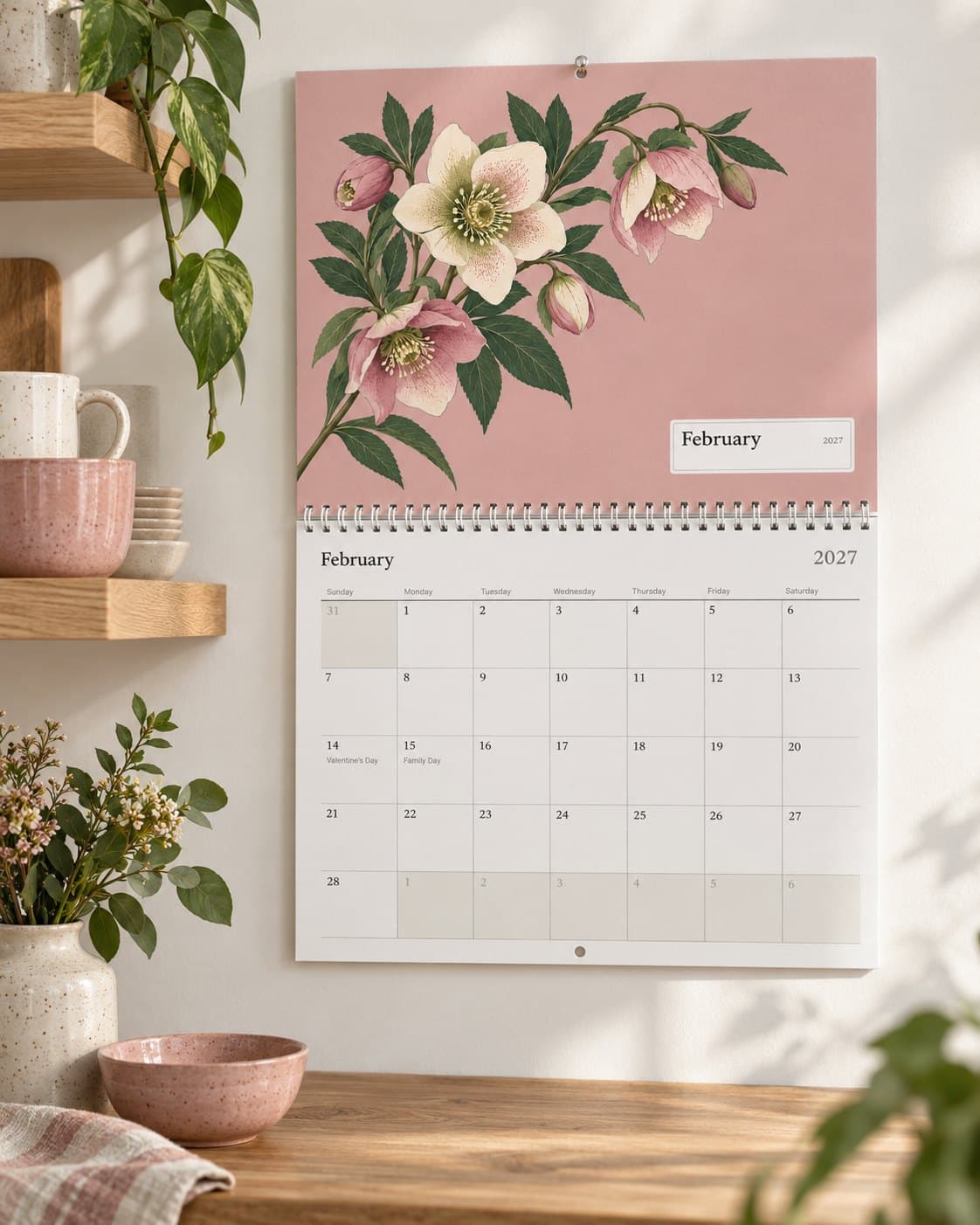 The wall calendar with a flower painting, open at February on a kitchen wall, with the family’s birthdays on the page