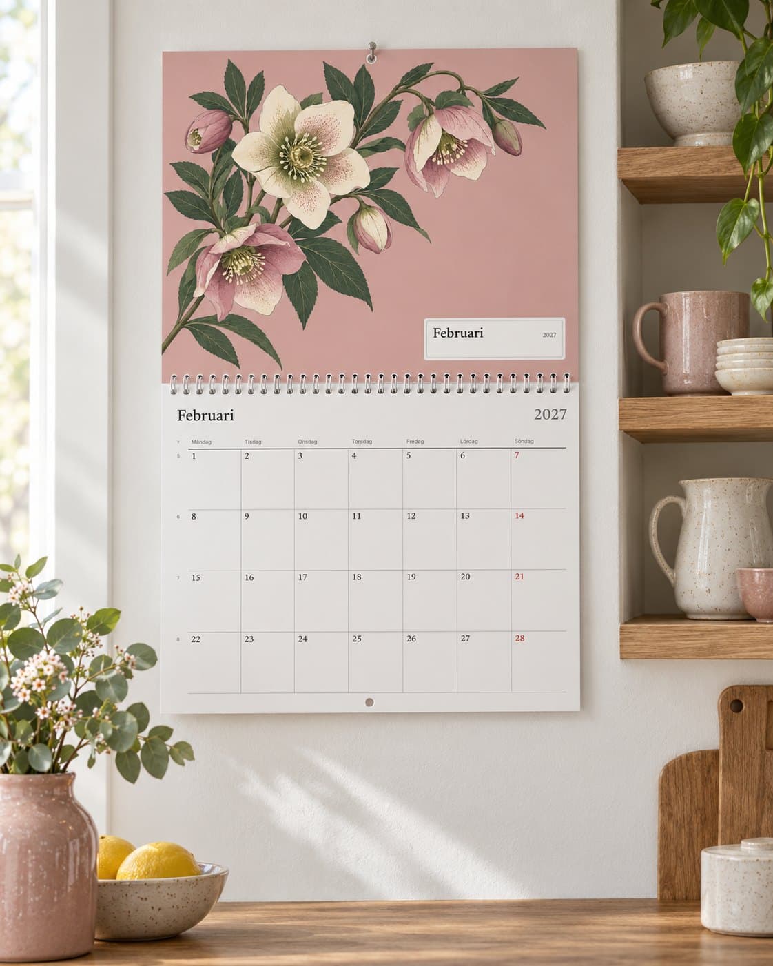Väggkalendern med en blommålning, uppslagen på februari på köksväggen, med familjens födelsedagar på sidan