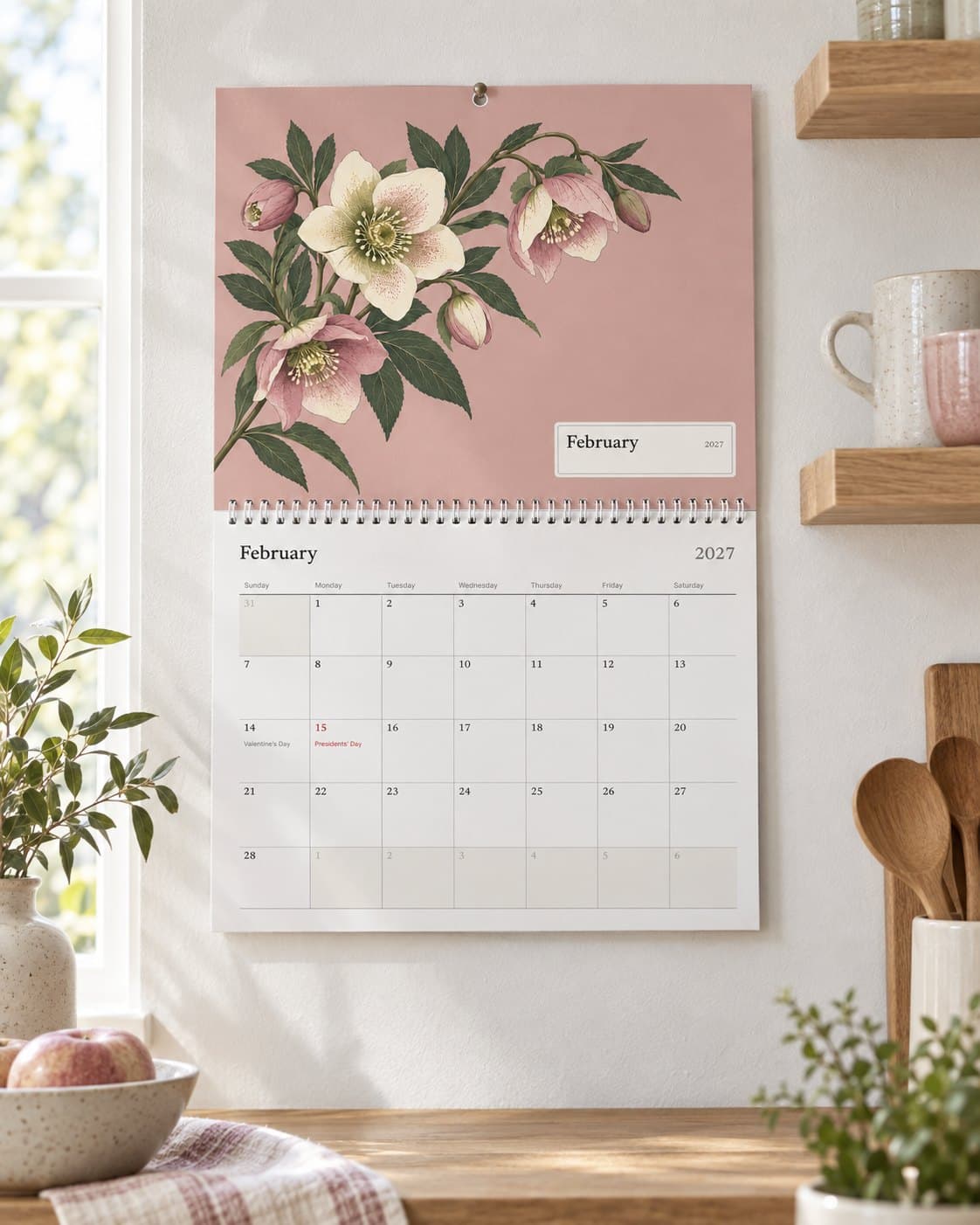 The wall calendar with a flower painting, open at February on a kitchen wall, with the family’s birthdays on the page