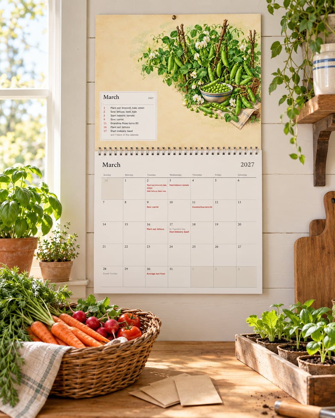 The wall calendar open at February in a bright kitchen, with the family's birthdays on the page