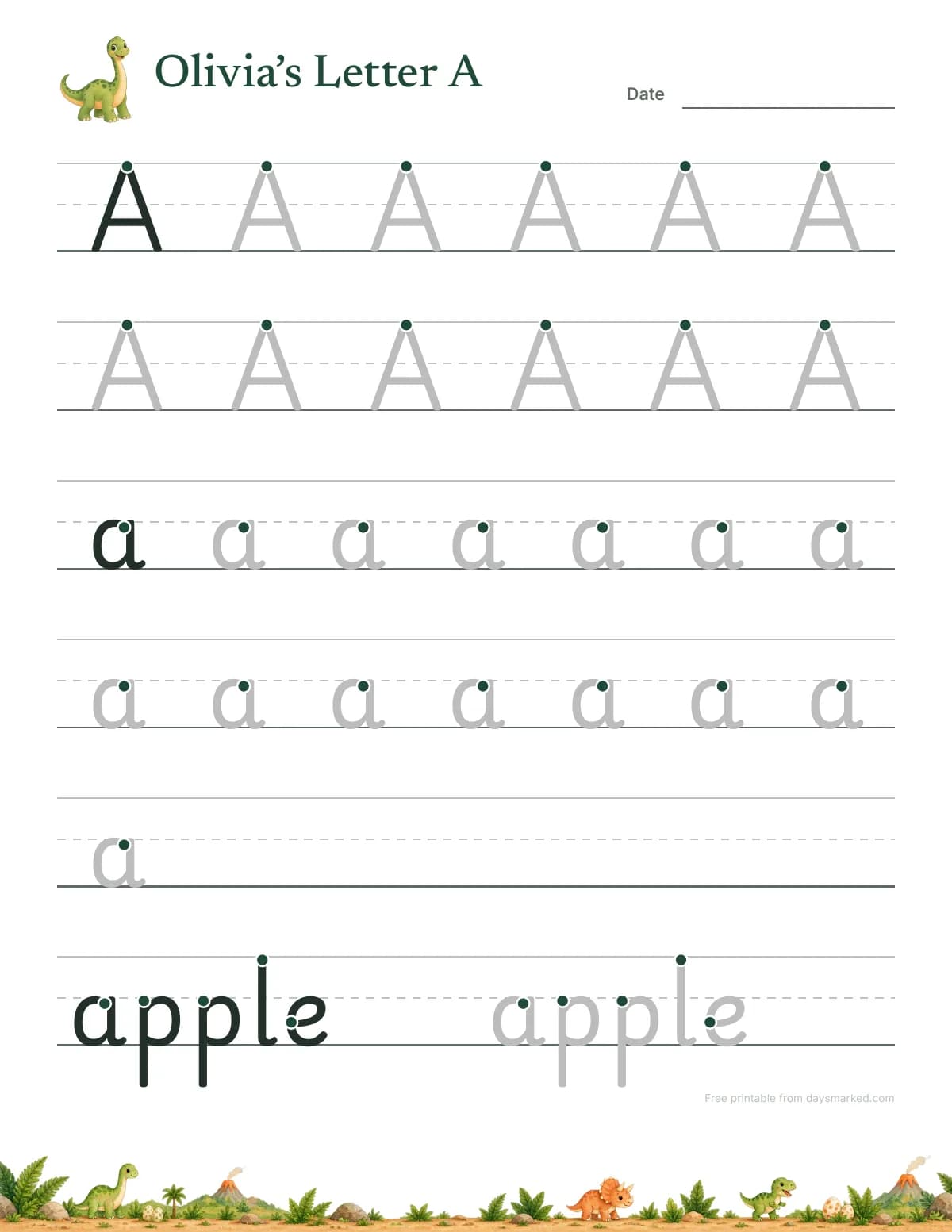 An alphabet tracing worksheet titled “Olivia’s Letter A” with a dinosaur: a capital A and a small a with start dots, rows of A and a in gray to trace, and the word apple