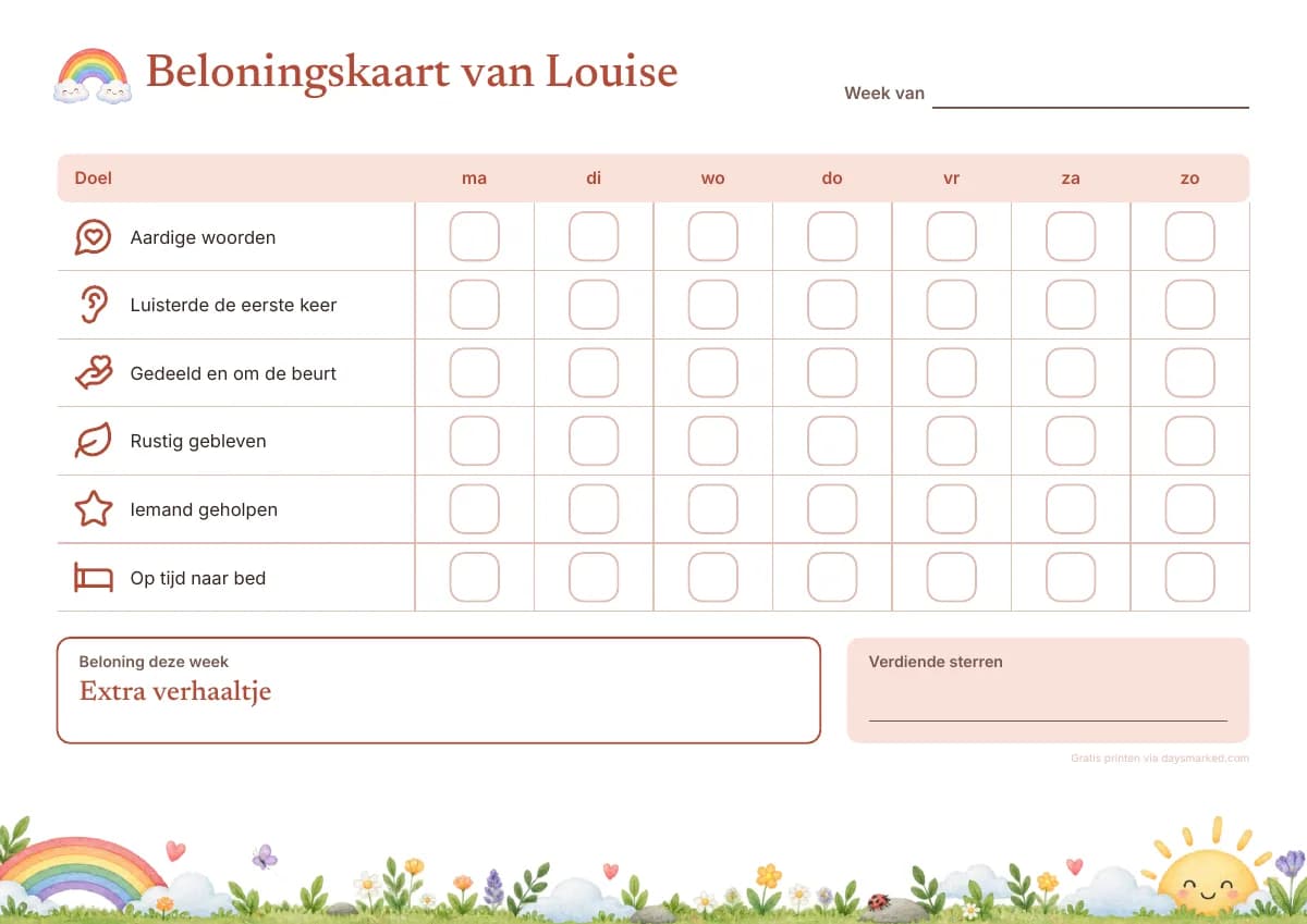 Een beloningskaart om af te drukken met „Beloningskaart van Louise” bovenaan, doelen als „Aardige woorden” en „Rustig gebleven”, een vakje voor elke dag en de beloning van de week, in het regenboogmotief