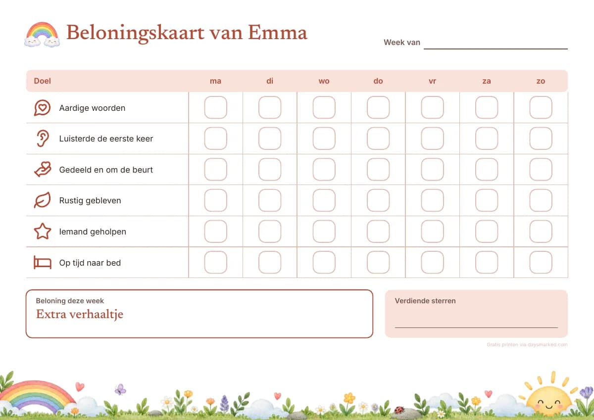Een beloningskaart om te printen met „Beloningskaart van Emma” bovenaan, doelen als „Aardige woorden” en „Rustig gebleven”, een vakje voor elke dag en de beloning van de week, in het regenboogmotief