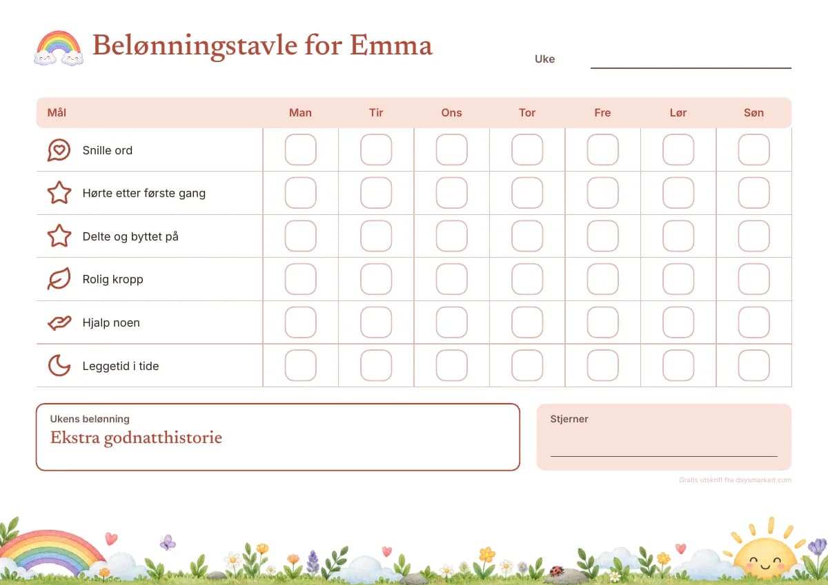 En belønningstavle til utskrift med «Belønningstavle for Emma» øverst, mål som «Snille ord» og «Rolig kropp», en rute for hver dag og ukens belønning, i regnbuemotivet