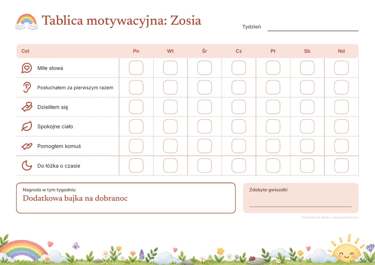 Tablica motywacyjna do druku z napisem „Tablica motywacyjna: Zosia” na górze, celami takimi jak „Miłe słowa” i „Spokojne ciało”, kratką na każdy dzień i nagrodą tygodnia, w motywie z tęczą