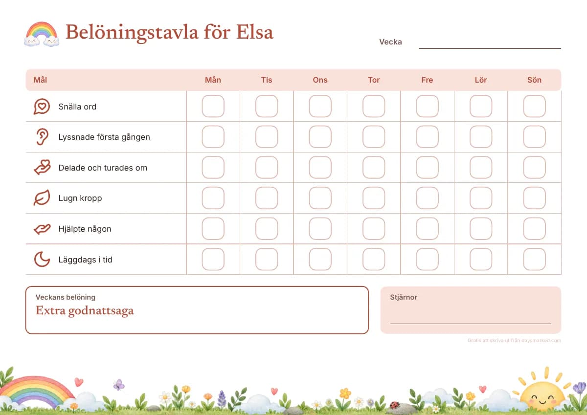 En belöningstavla att skriva ut med ”Belöningstavla för Elsa” överst, mål som ”Snälla ord” och ”Lugn kropp”, en ruta för varje dag och veckans belöning, i regnbågsmotivet