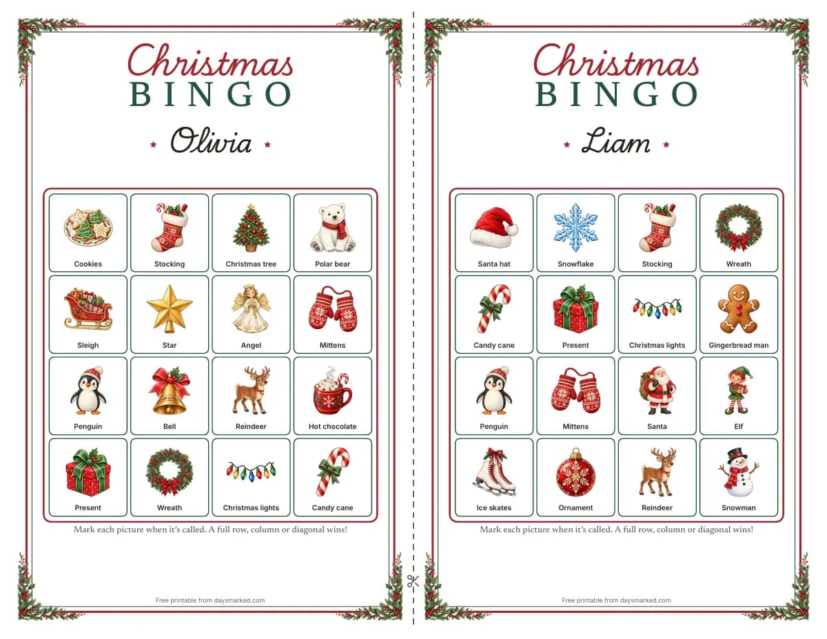 Two Christmas bingo cards side by side with “Christmas BINGO” at the top and the names Olivia and Liam, each a 4 by 4 grid of painted pictures like Santa, a snowman, a candy cane and ice skates with their words underneath