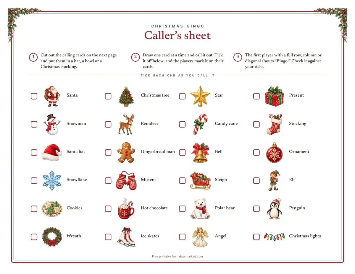The caller's sheet: how to play in three steps and all 24 pictures of the game, each with a box to tick