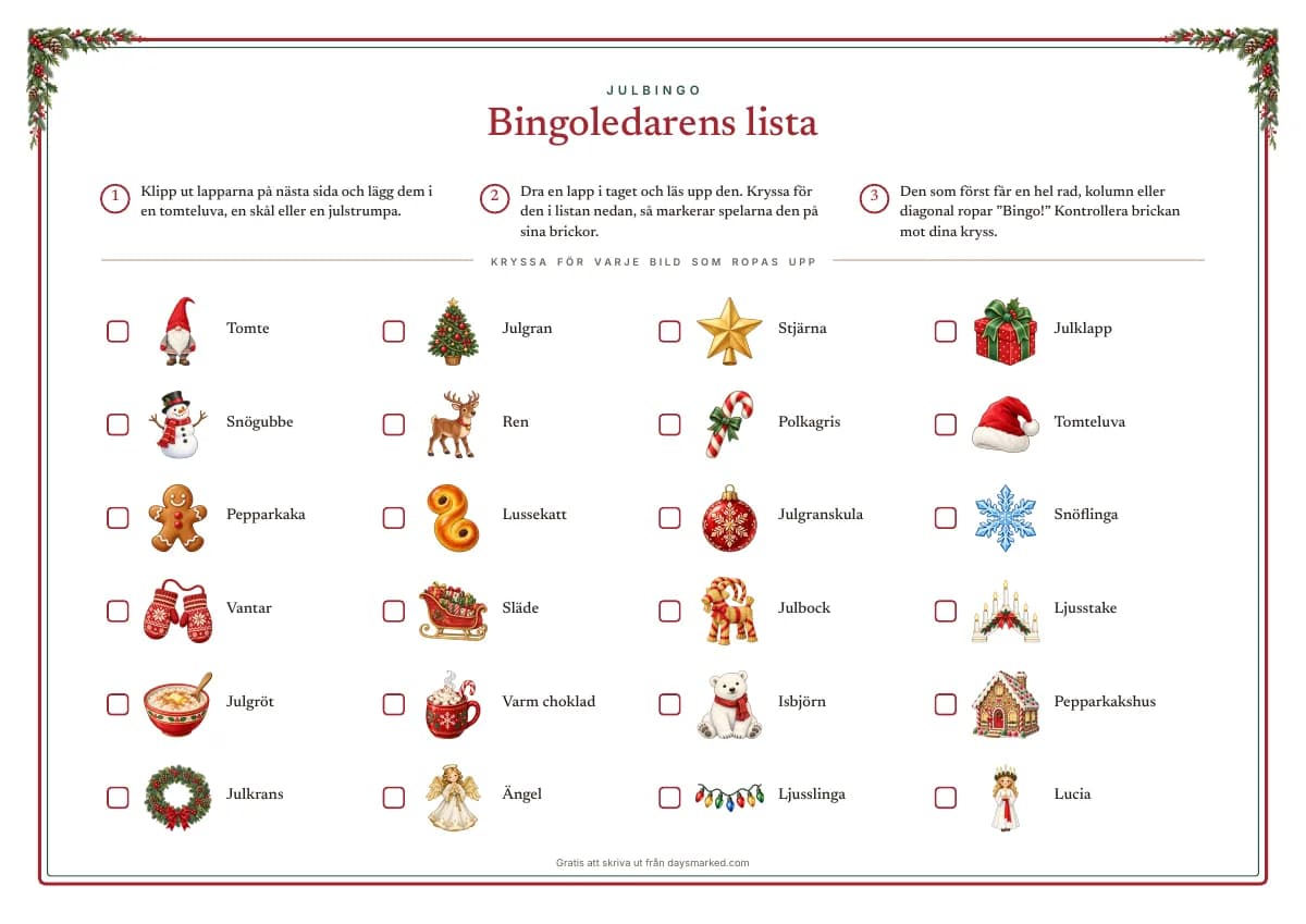 Bingoledarens lista: spelreglerna i tre steg och alla 24 bilder i spelet, med en ruta att kryssa i för varje
