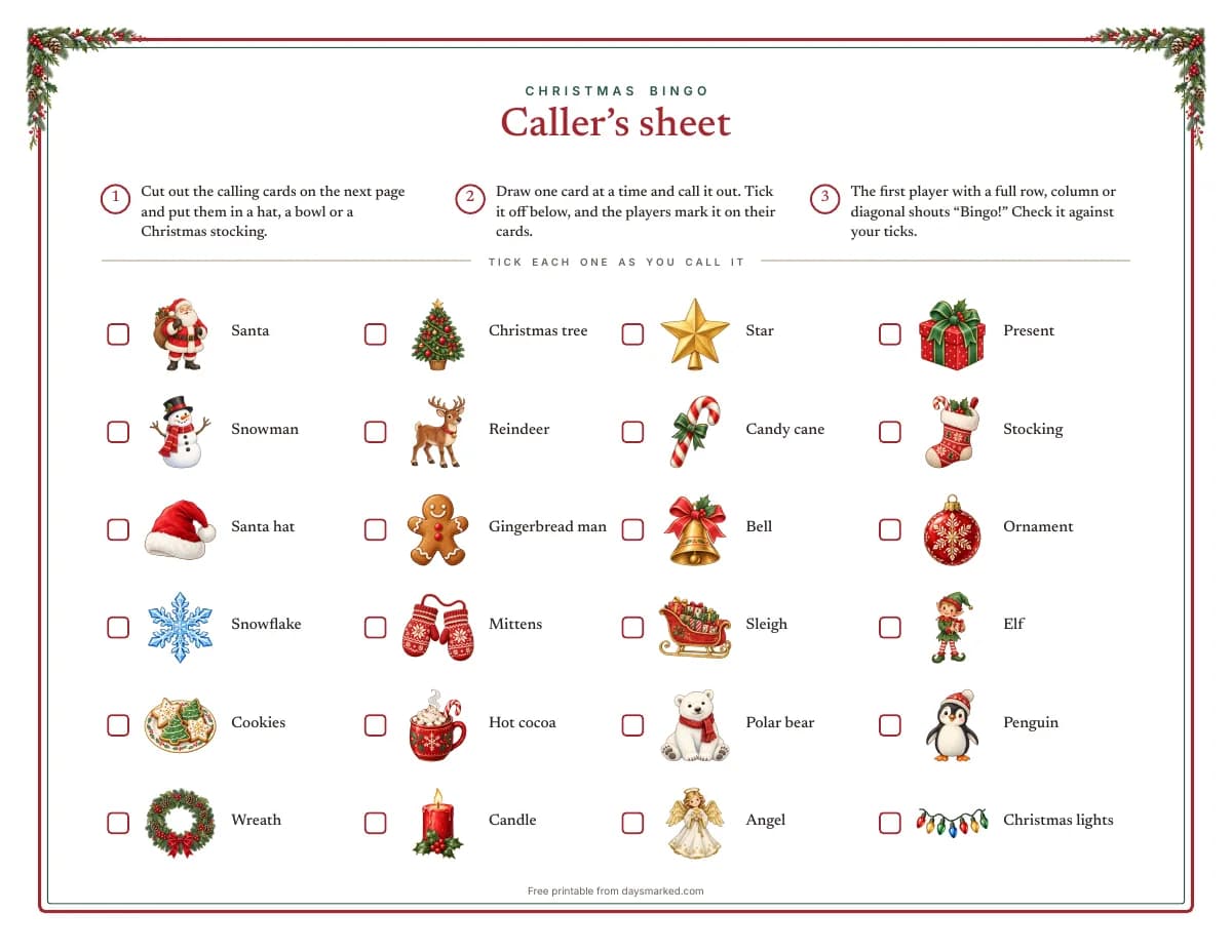 The caller's sheet: how to play in three steps and all 24 pictures of the game, each with a box to tick