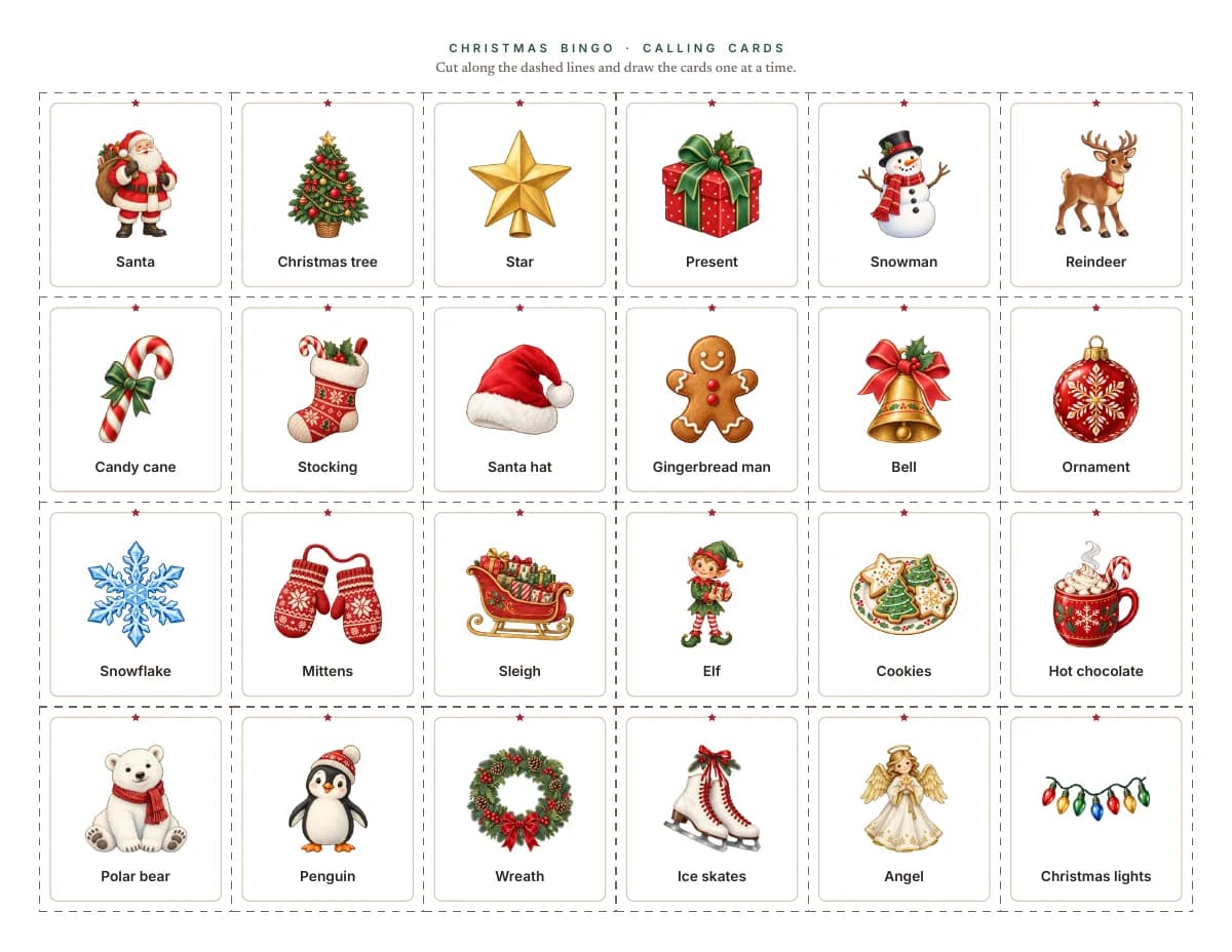 The calling cards: the 24 pictures with their words on cards to cut out along dashed lines