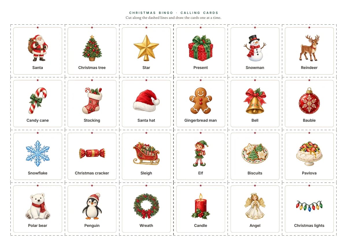 The calling cards: the 24 pictures with their words on cards to cut out along dashed lines