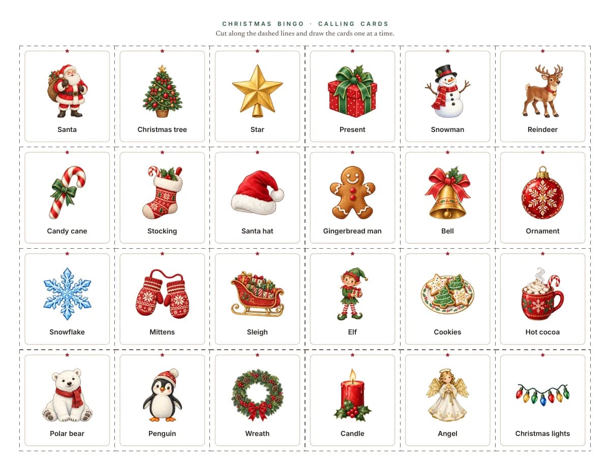 The calling cards: the 24 pictures with their words on cards to cut out along dashed lines