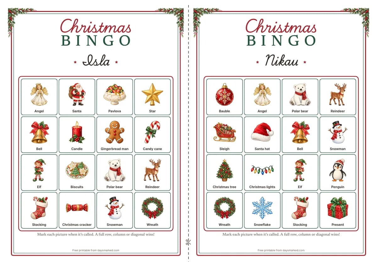 Two Christmas bingo cards side by side with “Christmas BINGO” at the top and the names Isla and Nikau, each a 4 by 4 grid of painted pictures like Santa, a pavlova, a Christmas cracker and a gingerbread man with their words underneath