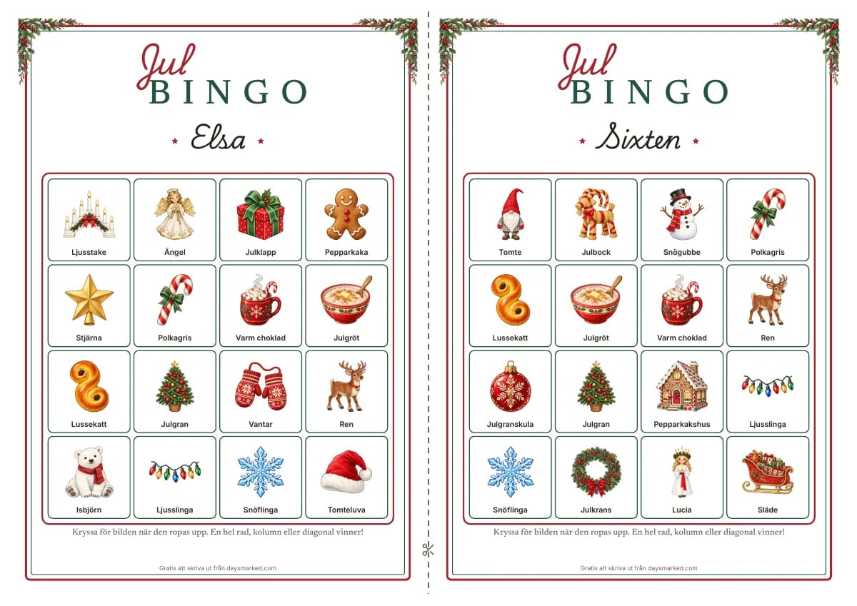 Två brickor för julbingo bredvid varandra med ”Jul BINGO” överst och namnen Elsa och Sixten, var och en med 4 gånger 4 målade julbilder som tomten, en lussekatt, en julbock och en polkagris med orden under