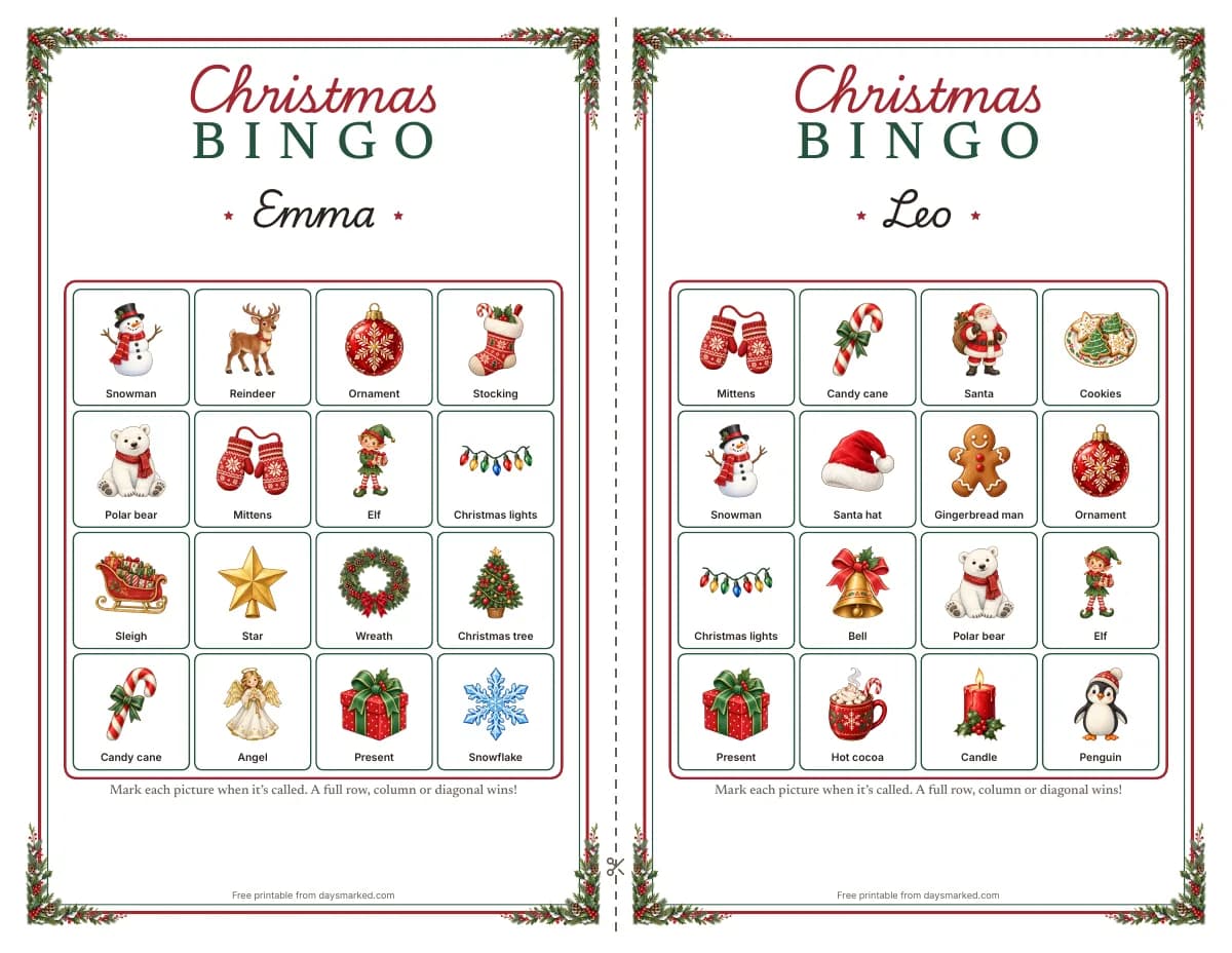 Two Christmas bingo cards side by side with “Christmas BINGO” at the top and the names Emma and Leo, each a 4 by 4 grid of painted pictures like Santa, a snowman, a candy cane and a gingerbread man with their words underneath