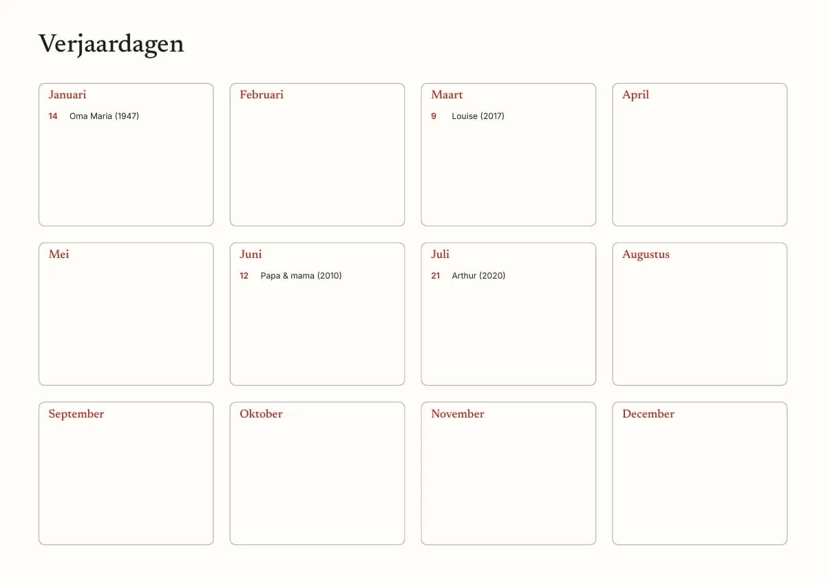 De laatste pagina van de verjaardagskalender om af te drukken: een vak voor elke maand, met Oma Maria op 14 januari, Louise op 9 maart, Papa & mama op 12 juni en Arthur op 21 juli