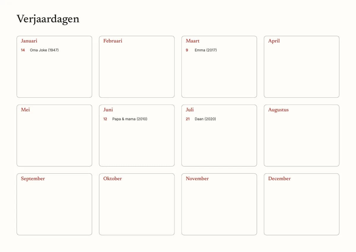 De laatste pagina van de verjaardagskalender om te printen: een vak voor elke maand, met Oma Joke op 14 januari, Emma op 9 maart, Papa & mama op 12 juni en Daan op 21 juli