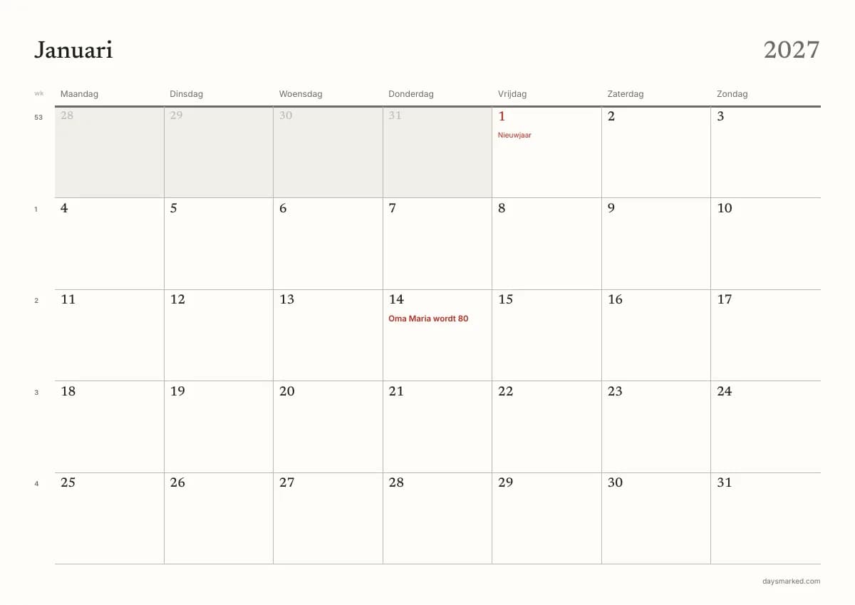 De januaripagina van de kalender 2027 om af te drukken, met „Oma Maria wordt 80” op 14 januari, Nieuwjaar en de weeknummers
