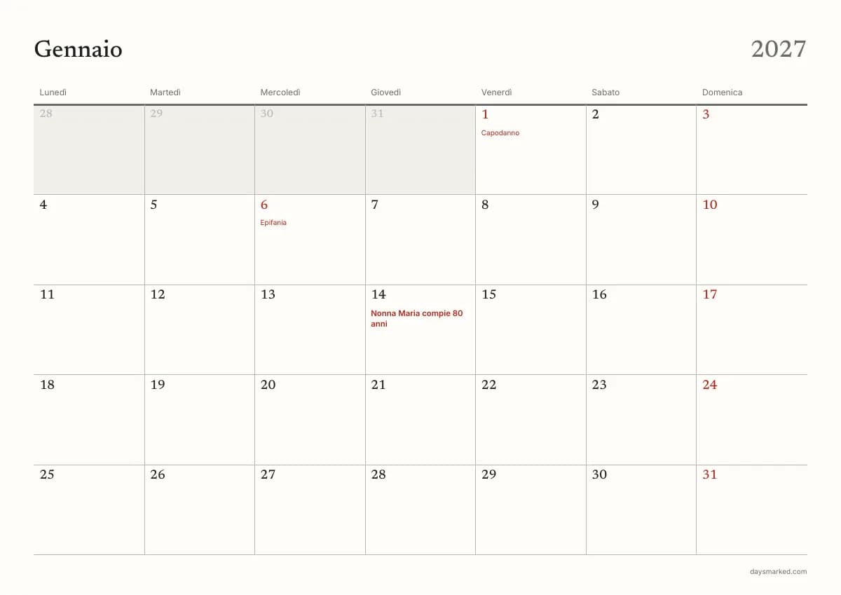 La pagina di gennaio 2027 del calendario da stampare, con «Nonna Maria compie 80 anni» il 14 gennaio e Capodanno ed Epifania in rosso