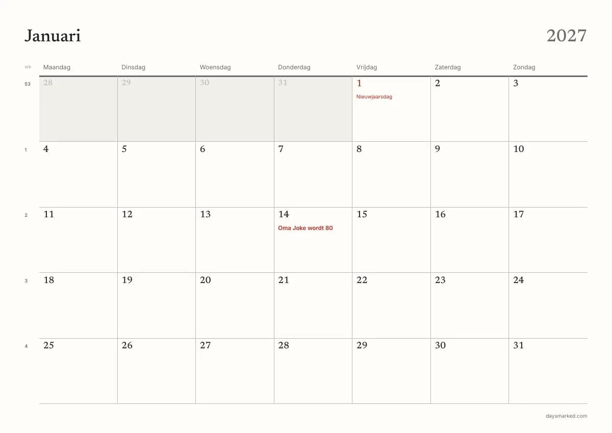 De januaripagina van de kalender 2027 om te printen, met „Oma Joke wordt 80” op 14 januari, Nieuwjaarsdag en de weeknummers