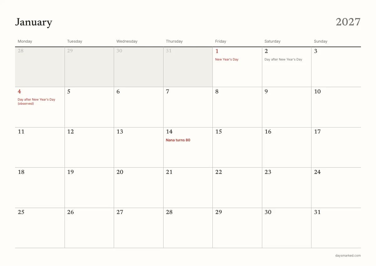 January 2027 page of the free printable calendar, with “Nana turns 80” on 14 January and the New Year holidays