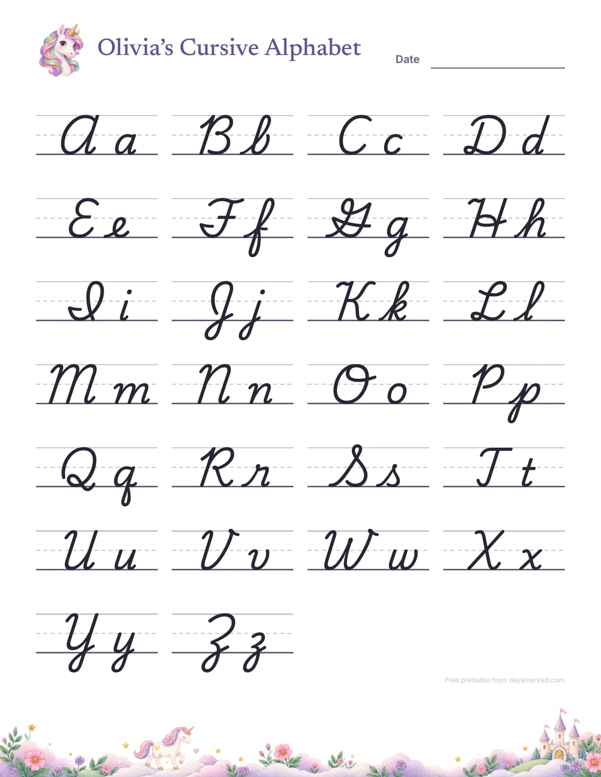 A cursive alphabet chart titled “Olivia’s Cursive Alphabet” with a unicorn: every letter from Aa to Zz in joined cursive on handwriting lines