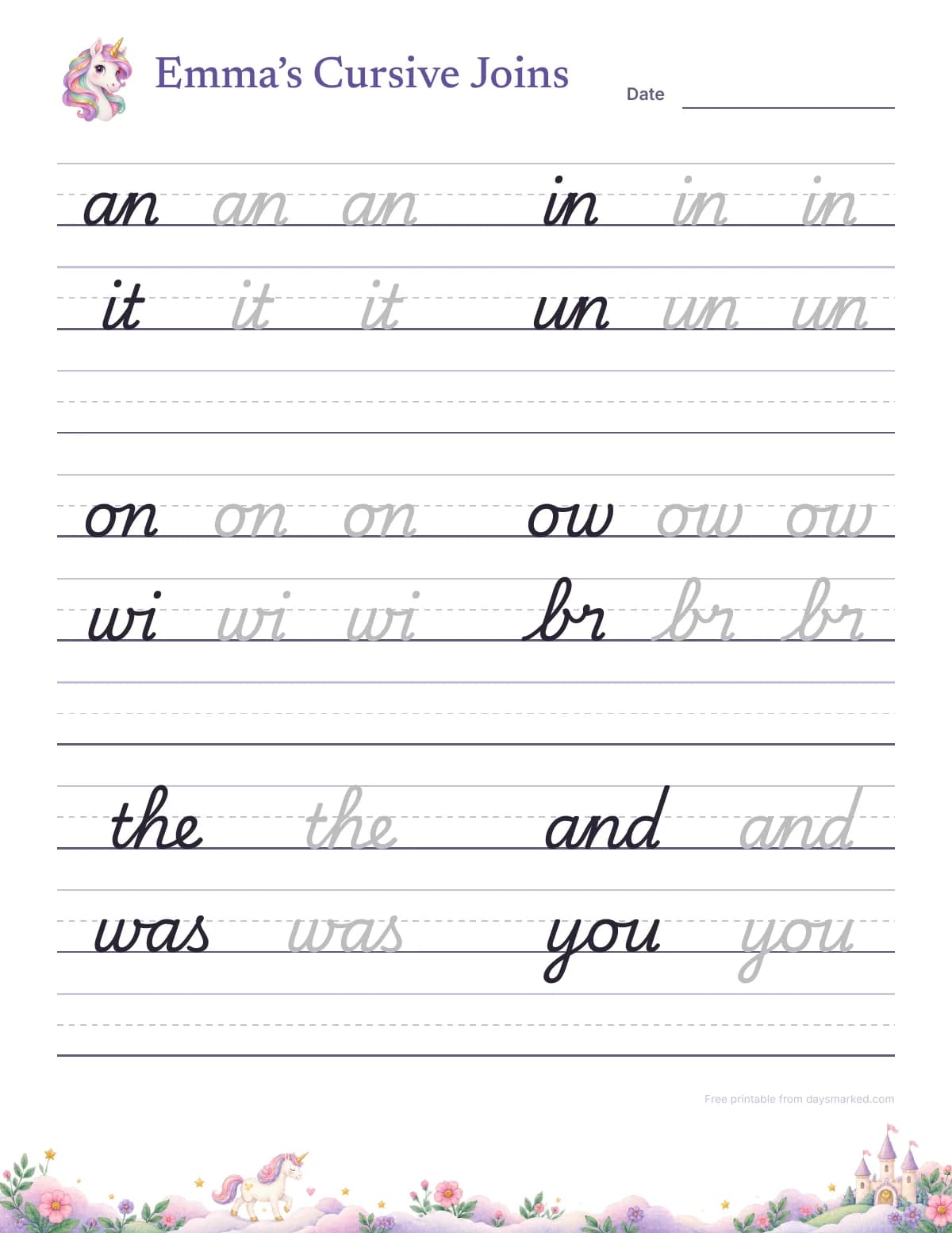 Emma's page of cursive joins: an, in, it, un, on, ow, wi, br, the, and, was and you to trace