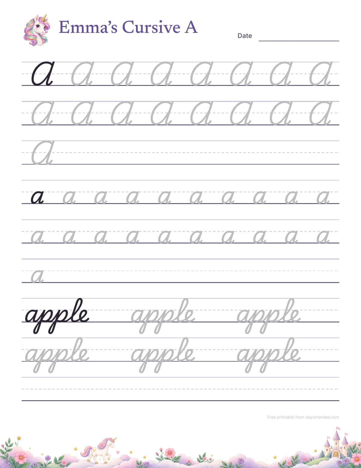 Emma's page for the cursive letter A: rows of capital A and small a to trace, then apple to trace