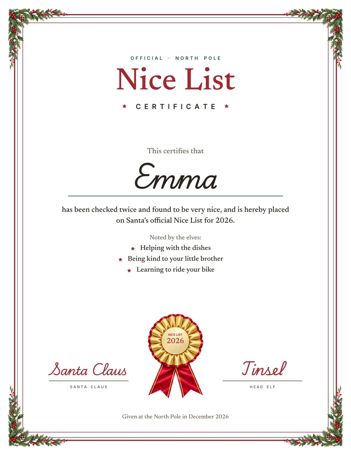 Page three: Emma's Nice List certificate for 2026 with holly in the corners, a gold rosette and the signatures of Santa Claus and Tinsel, head elf