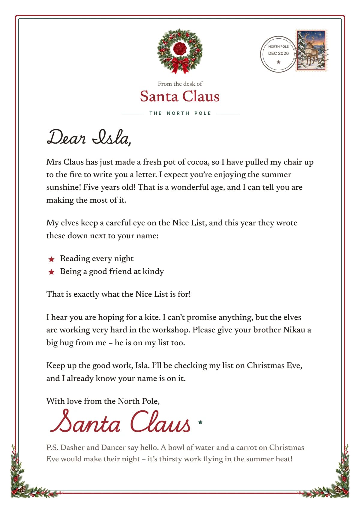 A letter from Santa on stationery with a holly wreath, a reindeer stamp and a North Pole postmark: “Dear Isla,” two good deeds with stars, a wish for a kite and Santa Claus’s signature in red