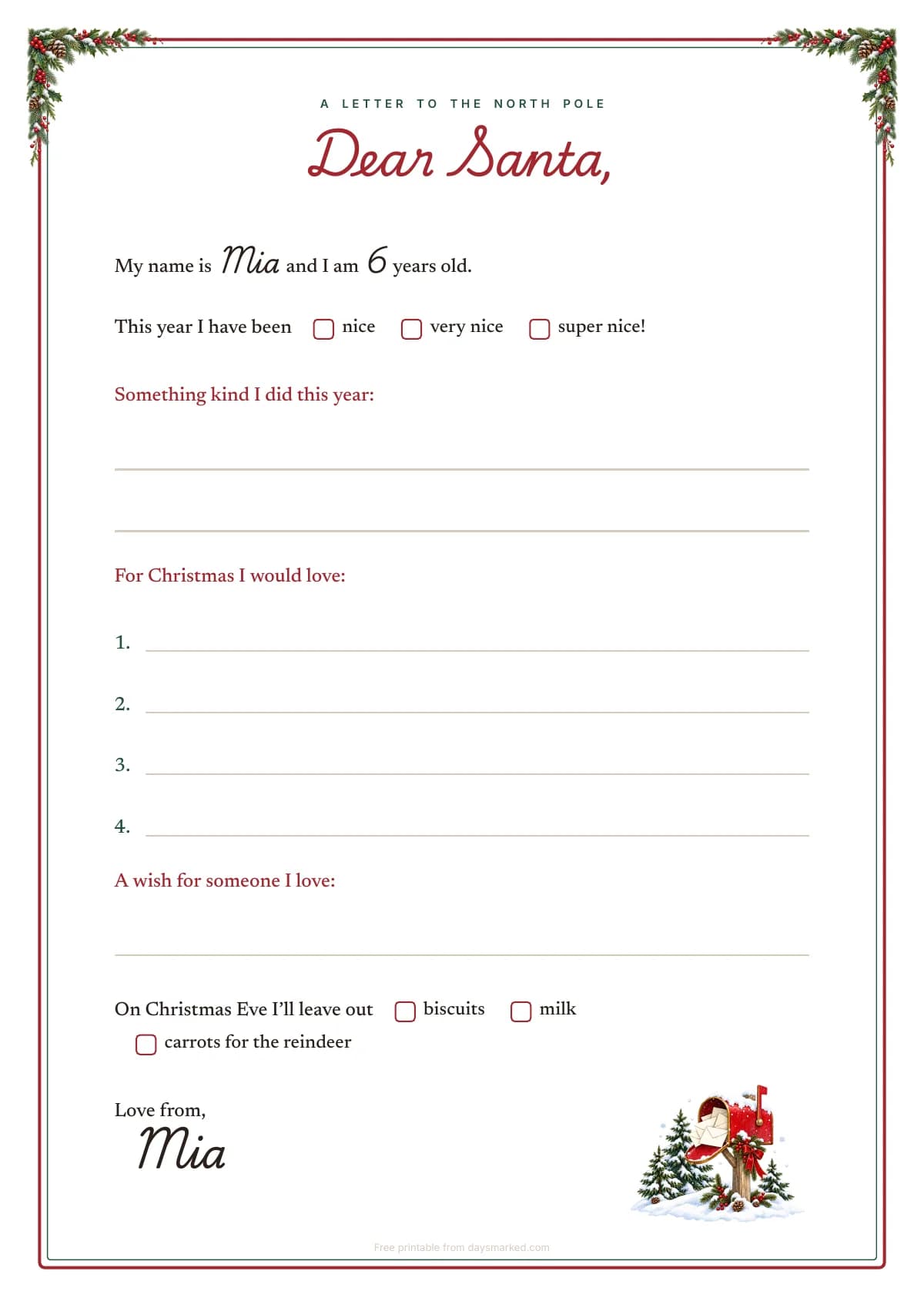 Page two: a letter to Santa with “Dear Santa,” Mia's name and age printed in, lines for a wish list and a red mailbox