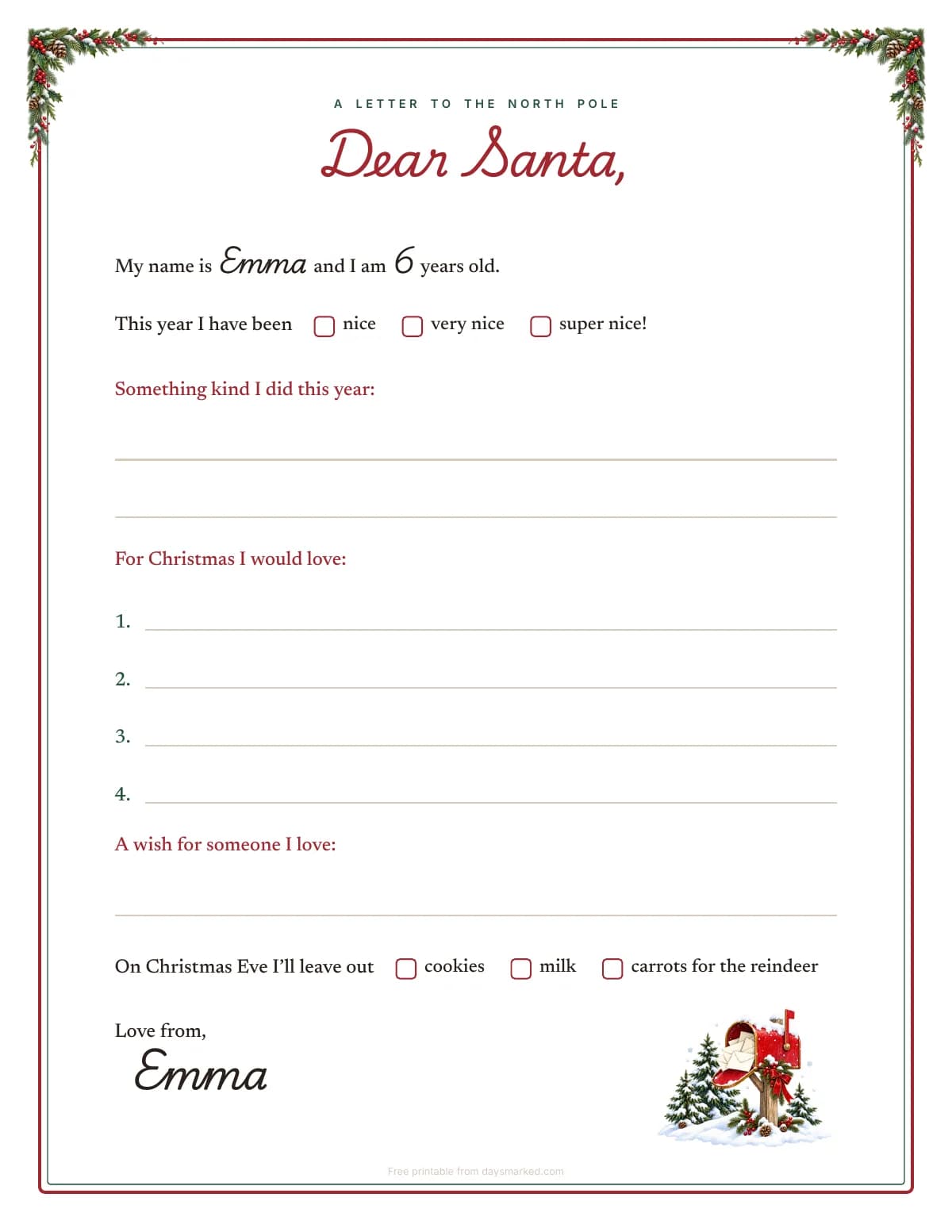 Page two: a letter to Santa with “Dear Santa,” Emma's name and age printed in, lines for a wish list and a red mailbox