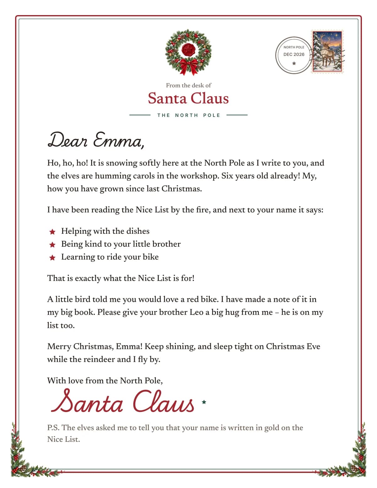A letter from Santa on stationery with a holly wreath, a reindeer stamp and a North Pole postmark: “Dear Emma,” three good deeds with stars, a wish for a red bike and Santa Claus’s signature in red