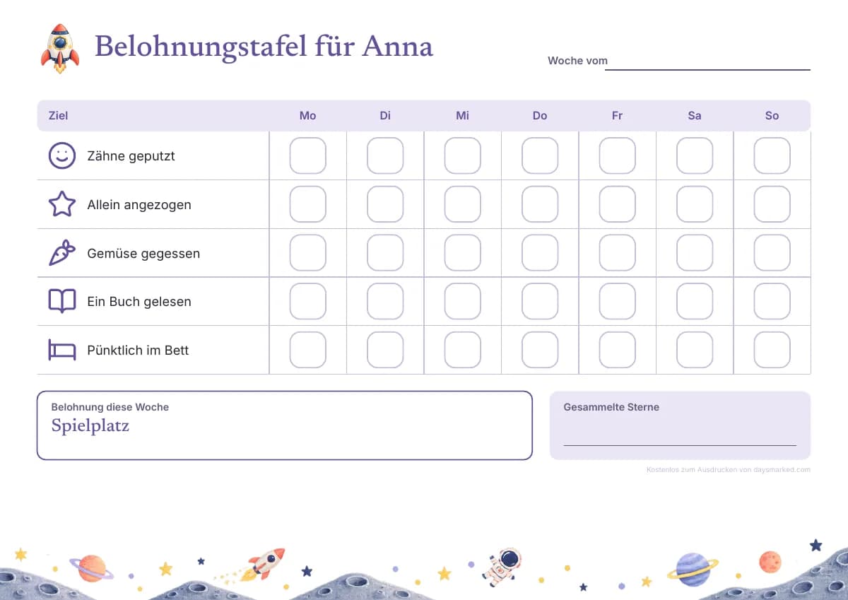 Eine Belohnungstafel zum Ausdrucken mit „Belohnungstafel für Anna“ oben, Zielen wie „Zähne geputzt“ und „Ein Buch gelesen“, einem Kästchen für jeden Tag und der Belohnung der Woche, im Weltraum-Motiv