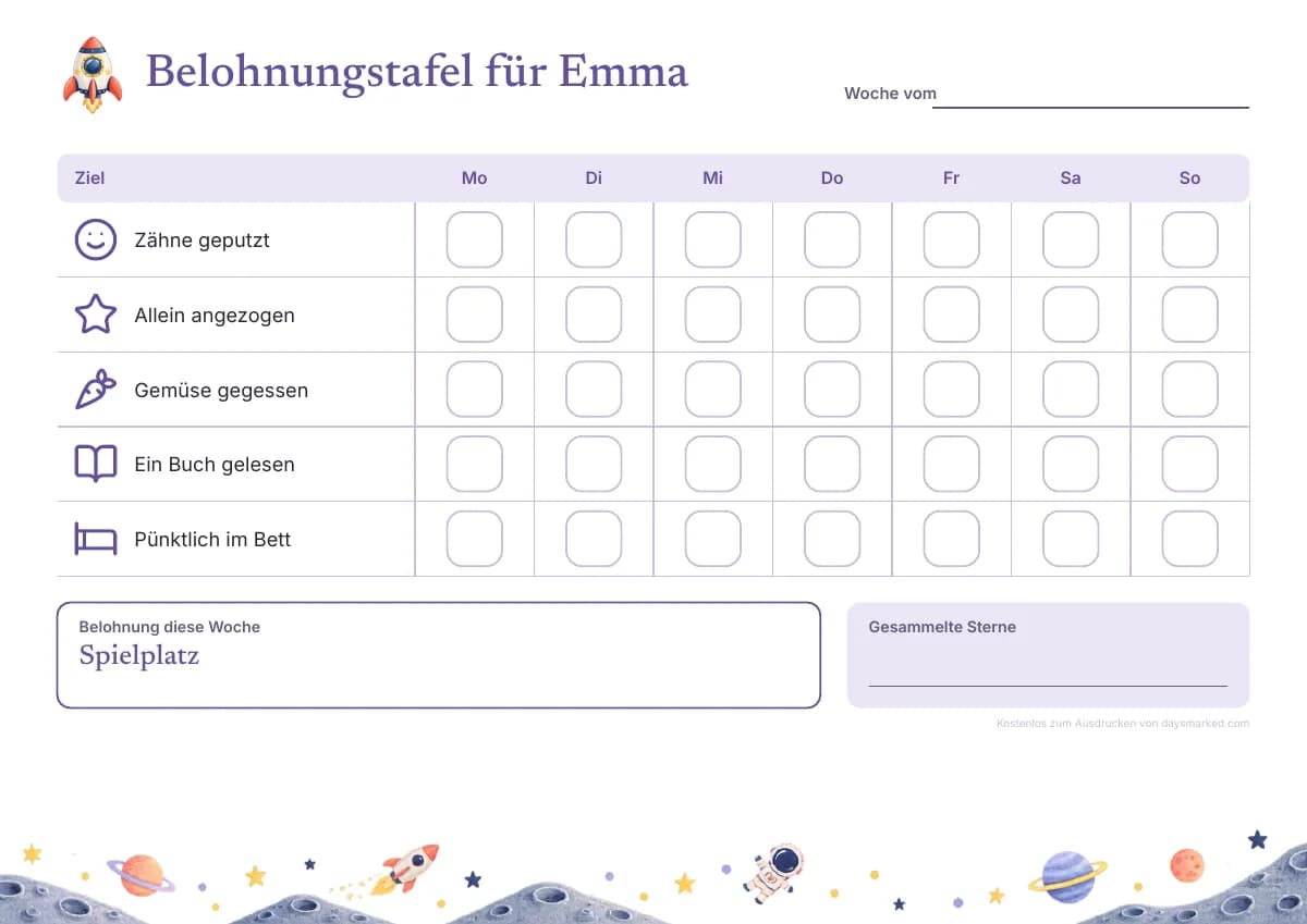 Eine Belohnungstafel zum Ausdrucken mit „Belohnungstafel für Emma“ oben, Zielen wie „Zähne geputzt“ und „Ein Buch gelesen“, einem Kästchen für jeden Tag und der Belohnung der Woche, im Weltraum-Motiv