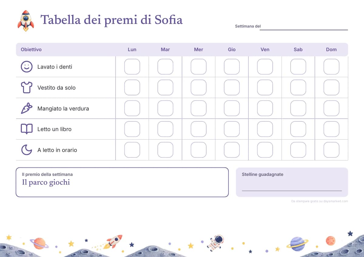 Una tabella dei premi da stampare con «Tabella dei premi di Sofia» in alto, obiettivi come «Lavato i denti» e «Letto un libro», una casella per ogni giorno e il premio della settimana, con il disegno dello spazio