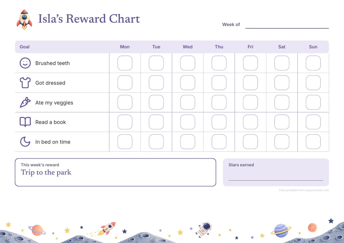 A printable reward chart with “Isla’s Reward Chart” at the top, goals like “Brushed teeth” and “Read a book”, a box for every day and this week’s reward, in the space design
