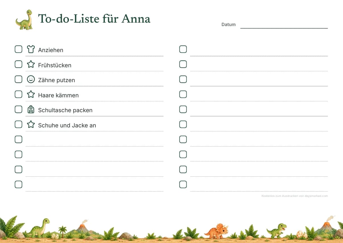 Eine To-do-Liste für Kinder zum Ausdrucken mit „To-do-Liste für Anna“ oben, einem Kästchen und einem Bild neben jeder Aufgabe, im Dinosaurier-Motiv