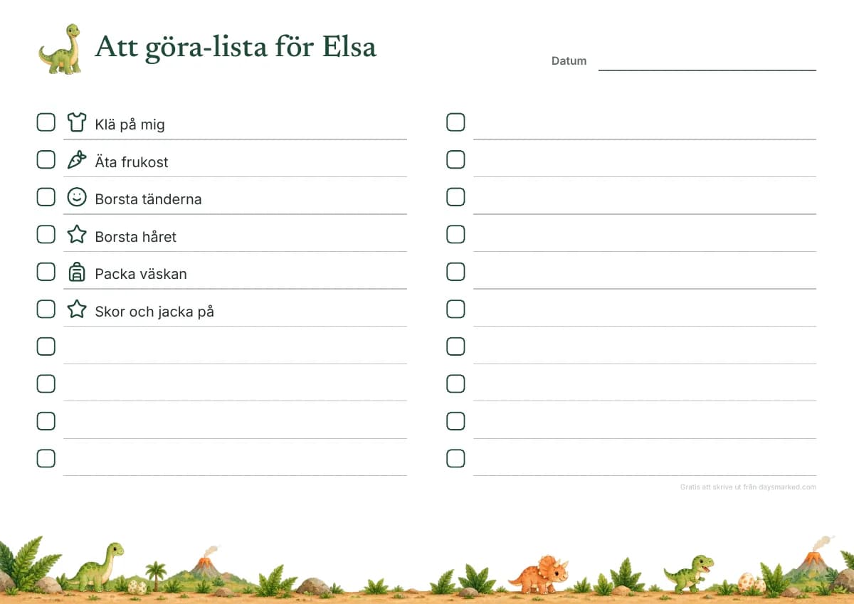 En att göra-lista för barn att skriva ut med namnet Elsa överst, en ruta och en bild vid varje rad, i dinosauriemotivet