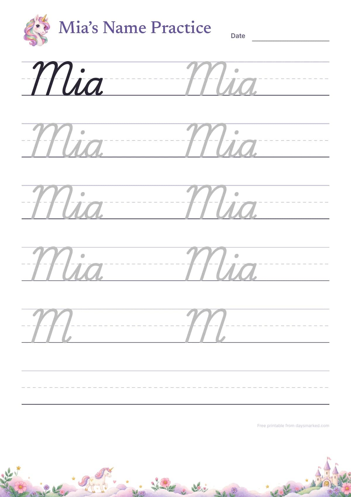 Mia's name tracing worksheet in joined cursive letters, in the unicorn design