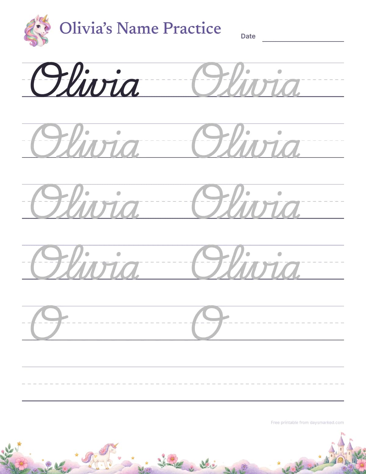 Olivia's name tracing worksheet in joined cursive letters, in the unicorn design