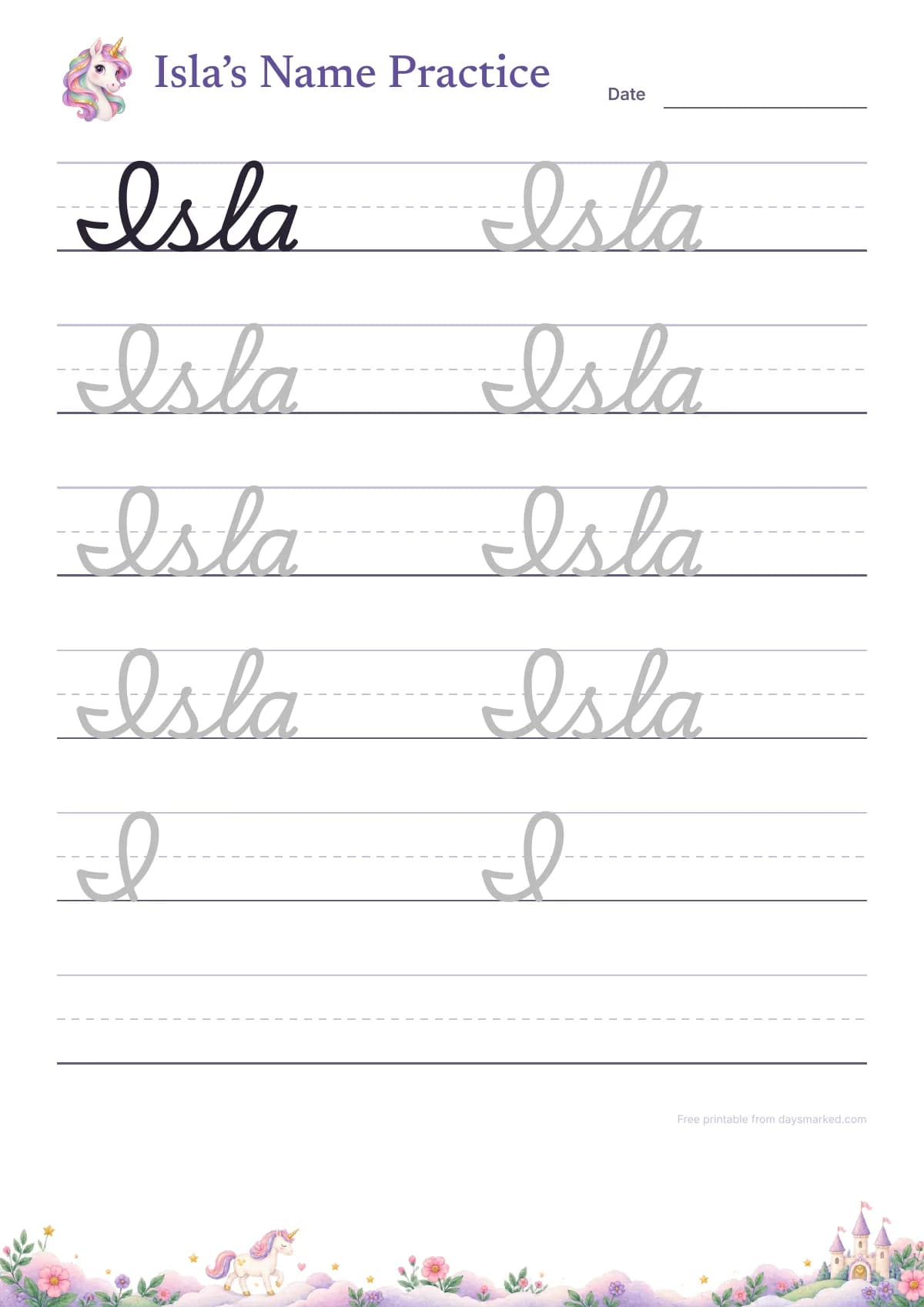 Isla's name tracing worksheet in joined cursive letters, in the unicorn design