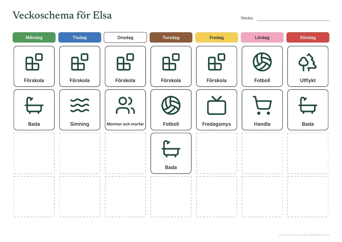 Ett veckoschema med bildstöd för Elsa: en kolumn för varje dag från måndag till söndag med rubrikerna i veckodagarnas färger, och bildkort som förskola, simning, mormor och morfar och fotboll