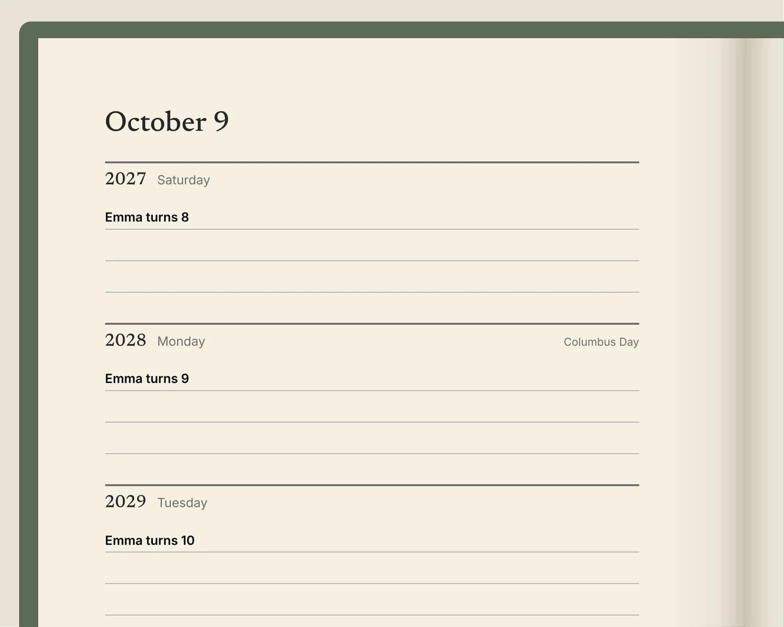 Close-up of the October 9 page: “Emma turns 8” in the 2027 box, “Emma turns 9” in 2028 and “Emma turns 10” in 2029