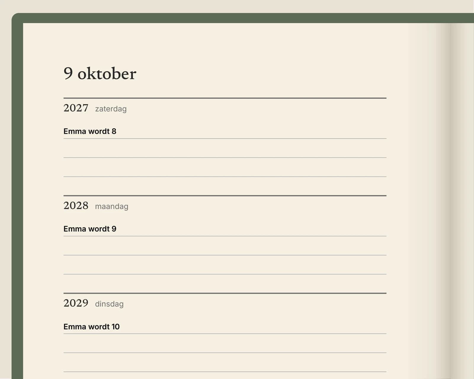 Close-up van de pagina van 9 oktober: „Emma wordt 8” in het vak van 2027, „Emma wordt 9” in 2028 en „Emma wordt 10” in 2029