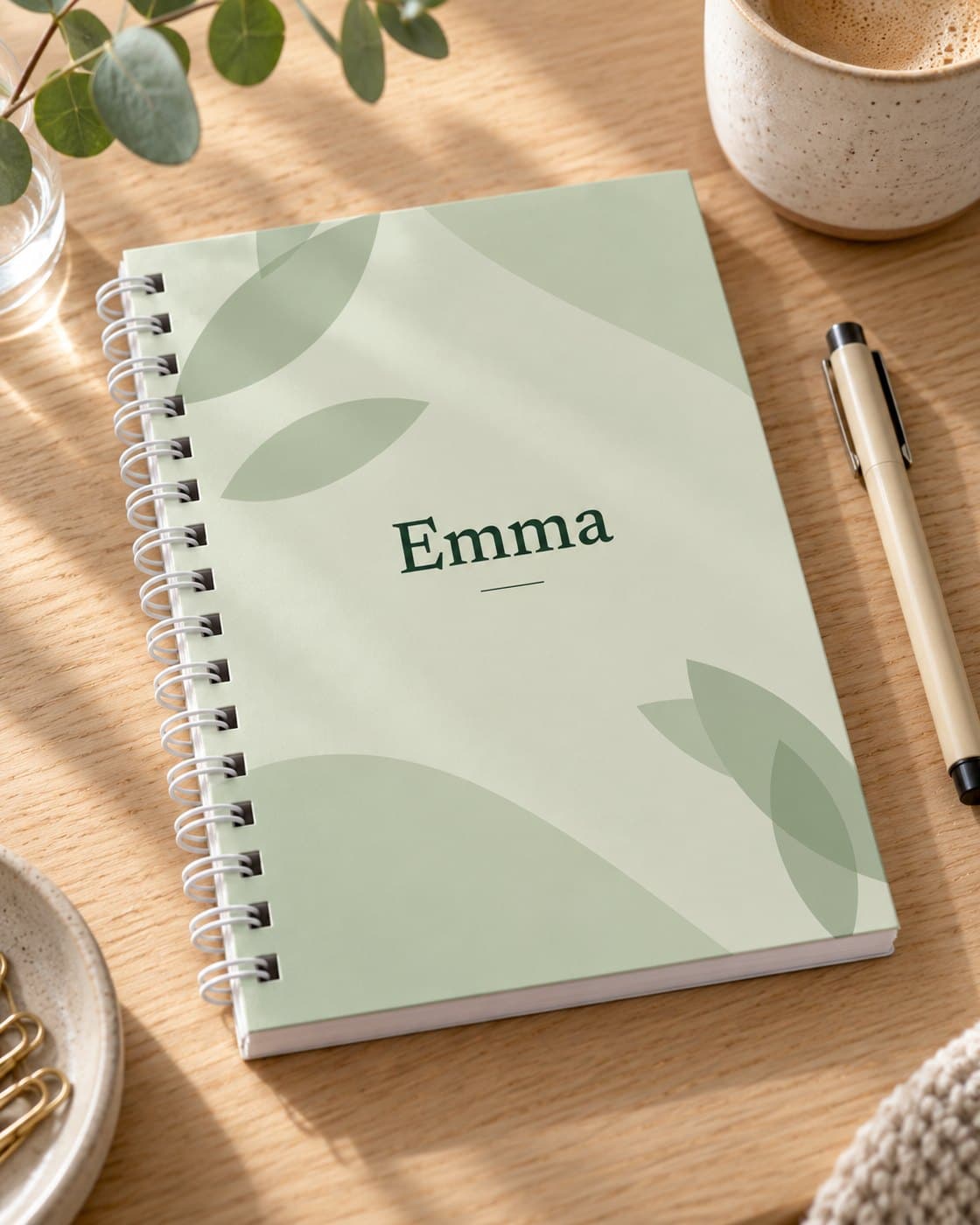Das Notizbuch mit dem Namen Emma auf dem grünen Cover und weißer Metallspirale auf einem Schreibtisch
